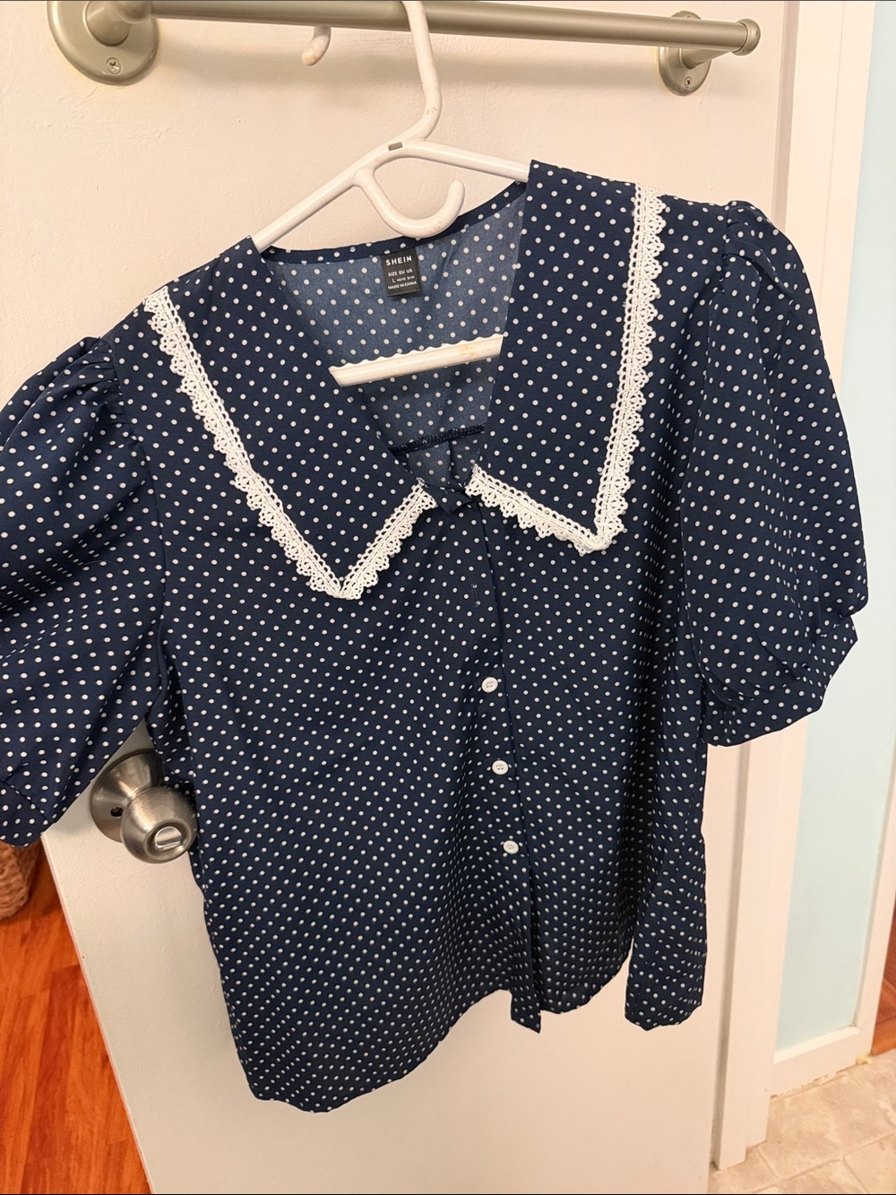 SHEIN Navy Polka Dot Lace-Trim Peter Pan Collar Blouse